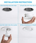 Installation steps for 12 Pack 4 Inch Classic White Recessed Light Trim With Metal Step Baffle Ring in a ceiling housing