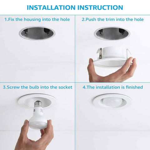 Installation steps for 12 Pack 4 Inch Classic White Recessed Light Trim With Metal Step Baffle Ring in a ceiling housing
