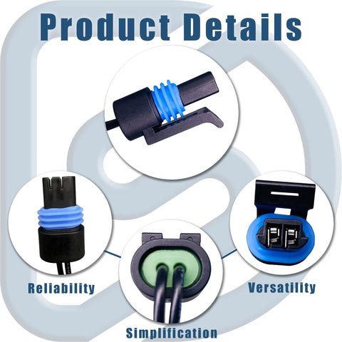 Engine coolant temperature sensor with pigtail connector, blue seal; four views.