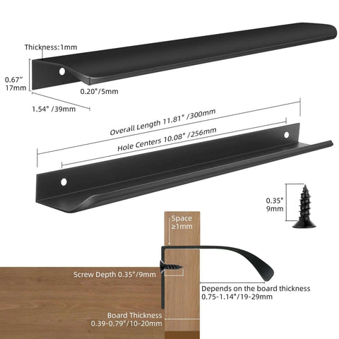 Matte Black 10 Pack Finger Pulls For Cabinets And Drawers 11.81 Inch Edge Concealed Aluminum Handles with size and screw details