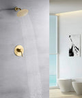 Dope Brushed Gold Shower Faucet Set With Anti Scald Pressure Balance Valve And 8 Inch Rain Shower Head in modern bathroom