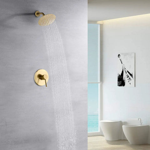 Kick Back And Relax With This Heavy Duty Brushed Gold Shower Setup Featuring A Slick Eight Inch Rain Showerhead And Premium Brass Body For Some Seriously Dope Bathroom Vibes