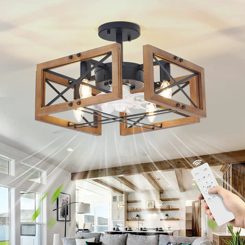Dope Wood Flush Mount Ceiling Fan With Lights And Remote, caged, in a cozy living room, showcasing farmhouse style and 6 speeds.