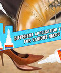 Heavy Duty Shoe Glue For Boots And Sneakers, Waterproof Bond For Leather Rubber And Fabric shown with applicator tips on various shoes