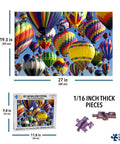 Hot Air Balloon Festival 1000 Piece Jigsaw Puzzle with Easy Grip Pieces, colorful balloons, dimensions and piece thickness shown.
