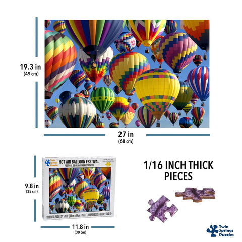 Hot Air Balloon Festival 1000 Piece Jigsaw Puzzle with Easy Grip Pieces, colorful balloons, dimensions and piece thickness shown.