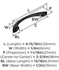 Diagram of Vaile Matte Black Cabinet Pull 3-3/4 Inch Center to Center, 4-13/16 Inch Overall Length with dimensions and measurements.