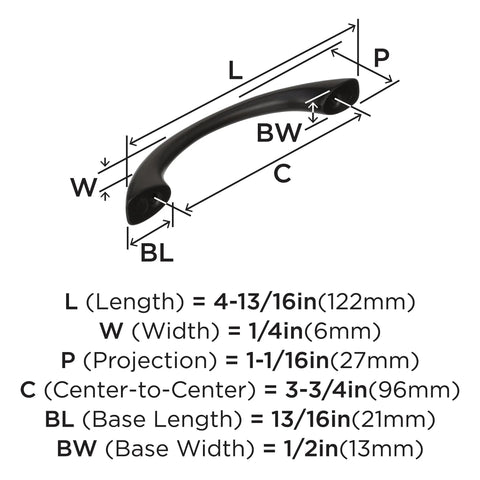 Diagram of Vaile Matte Black Cabinet Pull 3-3/4 Inch Center to Center, 4-13/16 Inch Overall Length with dimensions and measurements.