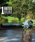 Cordless Leaf Blower With Turbo Boost Delivers 765 CFM And 200 MPH Includes 56V 5.0Ah Battery displayed on a tree stump outdoors