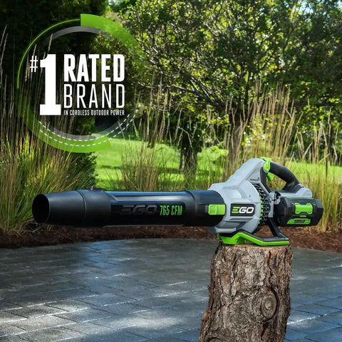 Cordless Leaf Blower With Turbo Boost Delivers 765 CFM And 200 MPH Includes 56V 5.0Ah Battery displayed on a tree stump outdoors
