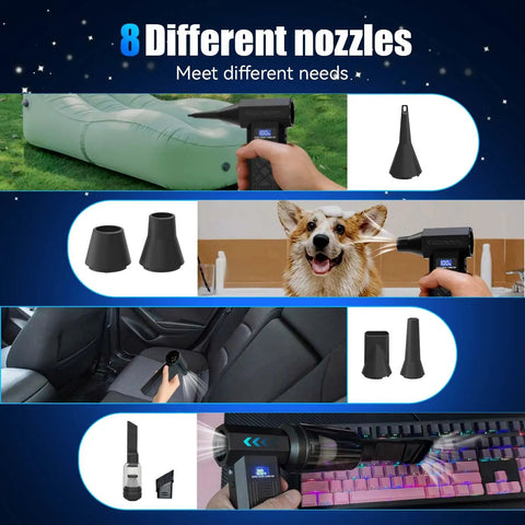 Three In One Electric Air Duster with 8 nozzles shown cleaning various items like a car seat, a keyboard, and a dog.