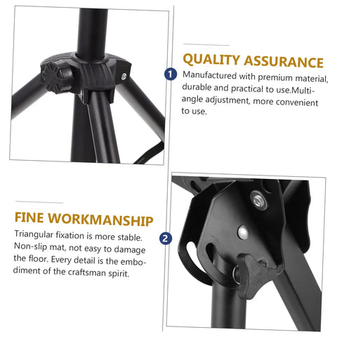 Adjustable Heavy Duty Drum Stand Mount Bracket showing triangular fixation and quality assurance details for stability and convenience.