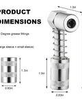 90 Degree Grease Coupler Adapter with Sleeve dimensions for tight spaces, featuring right angle grease gun fitting.