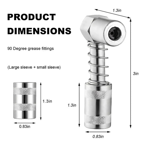 90 Degree Grease Coupler Adapter with Sleeve dimensions for tight spaces, featuring right angle grease gun fitting.