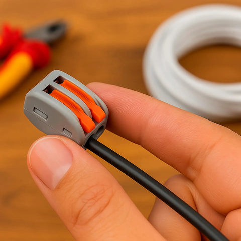 Hand holding 110 Piece Compact Lever Connector Kit With Push In Terminals 2 And 3 Port Splice Blocks For Electrical Wiring AWG Cable Joiners