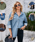 Woman in denim shirt and black pants outdoors surrounded by fashion accessories