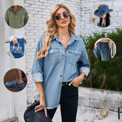 Woman in denim shirt and black pants outdoors surrounded by fashion accessories