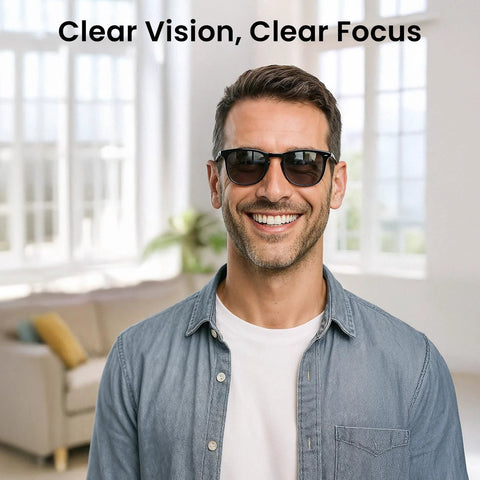 Man wearing black sunglasses in a bright living room.