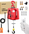 Nilight 3-In-1 Electric Hoist Winch with red finish, remote control, steel cable, and accessories for lifting 660 lbs safely.