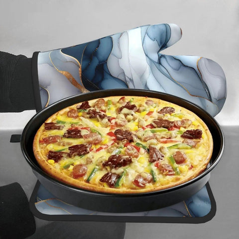 Super Cool Gary Fluid Oven Mitt And Pot Holder Set For Kitchen Heat Resistant Up to 356 Degrees F protects hands while serving a baked dish.