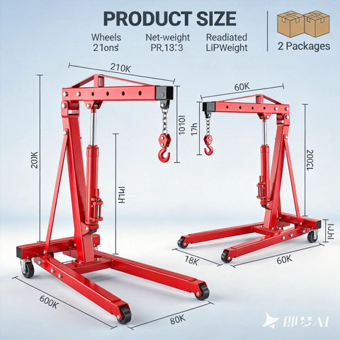 Heavy Duty Folding Hydraulic Engine Hoist Two Ton Portable Garage Cherry Picker dimensions and specifications diagram.