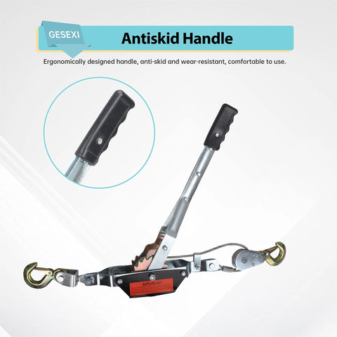 4 Ton Dual Gear Come Along Power Puller with antiskid handle and two hooks, steel cable, galvanized finish, 8800 lbs capacity.