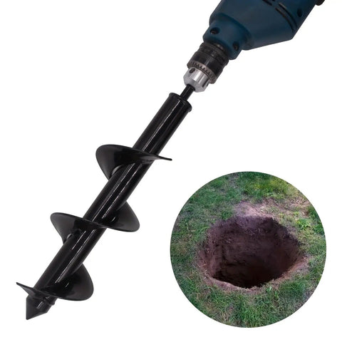 No Sweat Easy Garden Auger Drill Bit for fast hole digging in soil 4cm by 22cm fits standard power drills next to dug hole