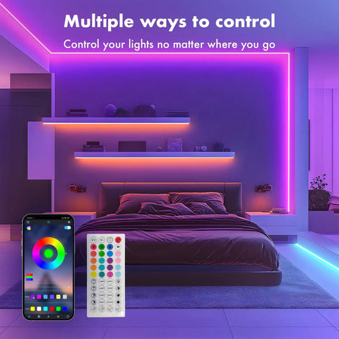 Bedroom setup showing Neon Rope Lights 50Ft RGB LED Strip IP67 Waterproof DIY Design Friendly Music Sync with remote and app control.