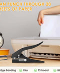 Heavy Duty 15 mm Round Hole Punch Tool For Paper, 20 Sheets Capacity, shown beside office supplies and a printer.