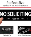 Person holding Two Pack No Soliciting Sign For Front Door Aluminum Metal Self Adhesive Built Tough Rust Free No Fade 7.5 By 2.5 Inches sign.