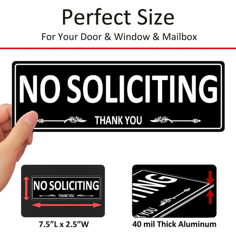 Person holding Two Pack No Soliciting Sign For Front Door Aluminum Metal Self Adhesive Built Tough Rust Free No Fade 7.5 By 2.5 Inches sign.