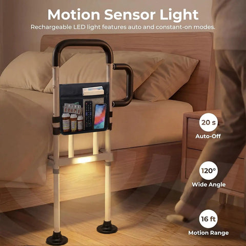 Elderly Bed Rail With Non Slip Handle And Motion Activated Night Light For Seniors Upgrade 2026 beside bed with storage pouch