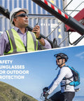Bulk Pack 48 Tinted Safety Glasses With Dark Smoke Lenses For UV400 Protection worn by workers in outdoor settings