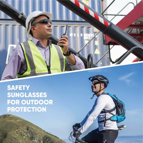 Bulk Pack 48 Tinted Safety Glasses With Dark Smoke Lenses For UV400 Protection worn by workers in outdoor settings