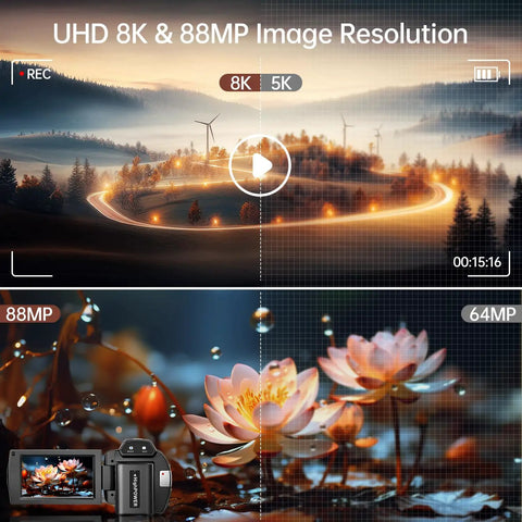 Comparison of 8K and 64MP video with 8K Ultra HD Video Camera Camcorder for YouTube Vloggers with 88MP stills, showcasing image resolution.