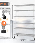 Heavy Duty Wire Shelving Unit 82 Inches Tall Featuring Adjustable Steel Racks with 360° wheels for garage or basement use.