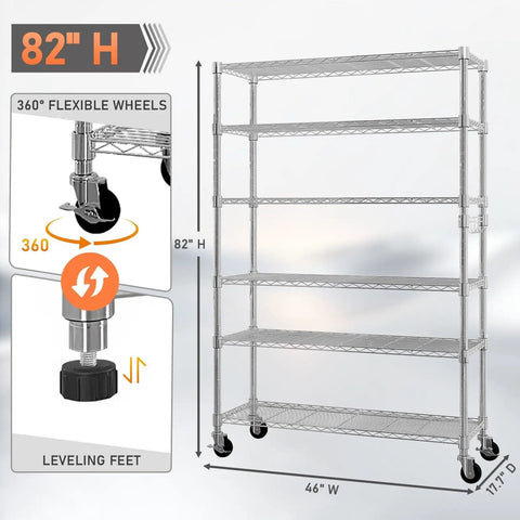 Heavy Duty Wire Shelving Unit 82 Inches Tall Featuring Adjustable Steel Racks with 360° wheels for garage or basement use.