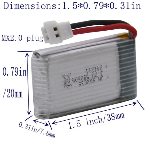 4 Pack 3.7V 500mAh LiPo Batteries With MX2.0 Plug dimensions shown with measurement arrows