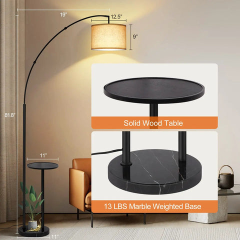 Arc Floor Lamp With Table And Marble Base, 81 Inch Tall, LED Dimmable With Remote And Four Color Temperature, side view
