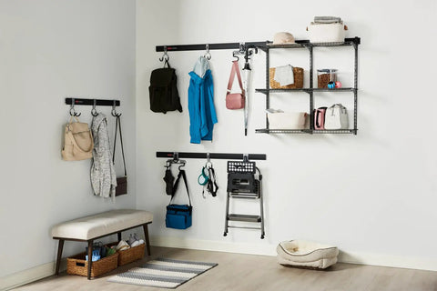Hella Sturdy Garage Wall Storage Rack With Heavy Duty Steel Shelves And Modular Rails For Workshop Home Organization Super Quick Install Totally Game Changing Setup