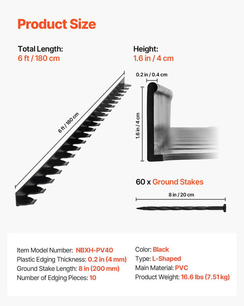 Diagram of No Dig Garden Edging Border Kit With 60 Spikes, 6 ft sections, 1.6 in high, showing dimensions and spike details.