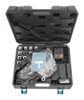 Heavy Duty Electric Hydraulic Crimping Pliers Rechargeable Cordless Cable Lug Crimper With 12 Piece Die Set in storage case.