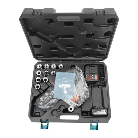 Heavy Duty Electric Hydraulic Crimping Pliers Rechargeable Cordless Cable Lug Crimper With 12 Piece Die Set in storage case.