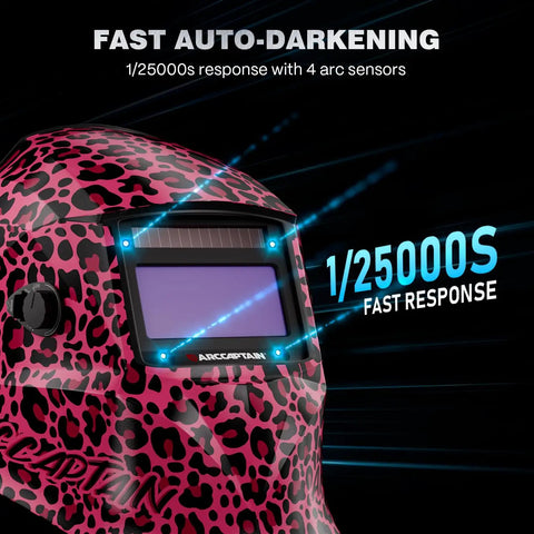 Leopard Pattern Auto Darkening Welding Helmet With True Color Lenses, Four Arc Sensors, Ultra Fast Reaction Time Of One Over Twenty Five Thousandth Of A Second, Solar Powered Weld Hood For TIG MIG ARC Welding, Pro Grade Shade And Sensitivity shown in close-up view