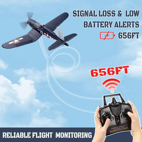 Brushless 4CH RC Plane With 500mm Wingspan F4U Fighter 6 Axis Gyro flying with 2.4GHz radio controller and signal alerts