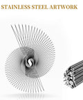 Front view of 304 stainless steel spring wires and a swirl wire sculpture; bundle of straight wires on the right