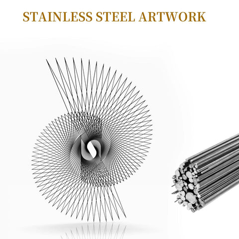 Front view of 304 stainless steel spring wires and a swirl wire sculpture; bundle of straight wires on the right
