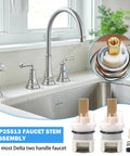 Heavy Duty Faucet Stem Assembly Kit For Two Handle Kitchen Bath And Tub Shower Universal Replacement Parts shown in a modern kitchen setup.