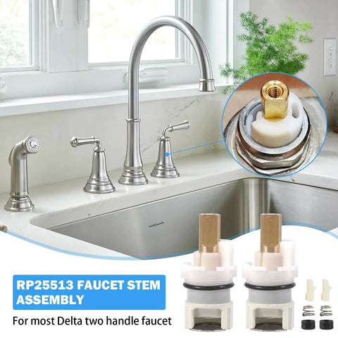 Heavy Duty Faucet Stem Assembly Kit For Two Handle Kitchen Bath And Tub Shower Universal Replacement Parts shown in a modern kitchen setup.