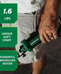 Man holding 18V MultiVolt Cordless Drywall Cutout Tool With Brushless Motor, 28,000 RPM, ergonomic grip, 1.6 lb weight